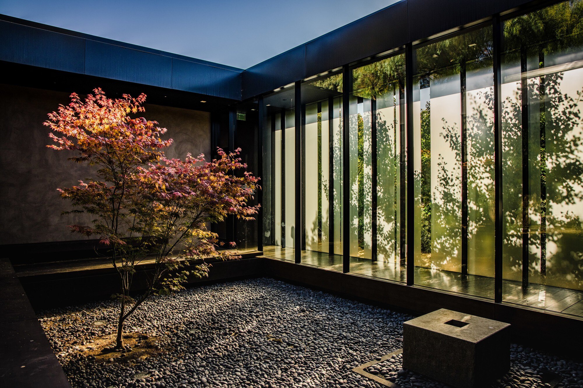 Ein modernes gläsernes Haus im Industrial- und Bauhausstil mit minimalistischem Garten